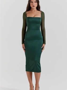 NWT House of CB Classic Square-Neck Long Sleeve Bodycon Dress in Deep Green